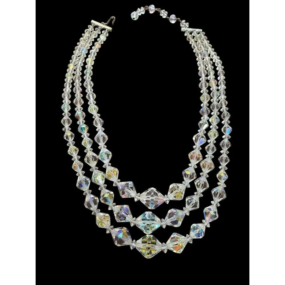 Vintage Necklace Triple Strand Aurora Borealis Graduated  Faceted Up to 17